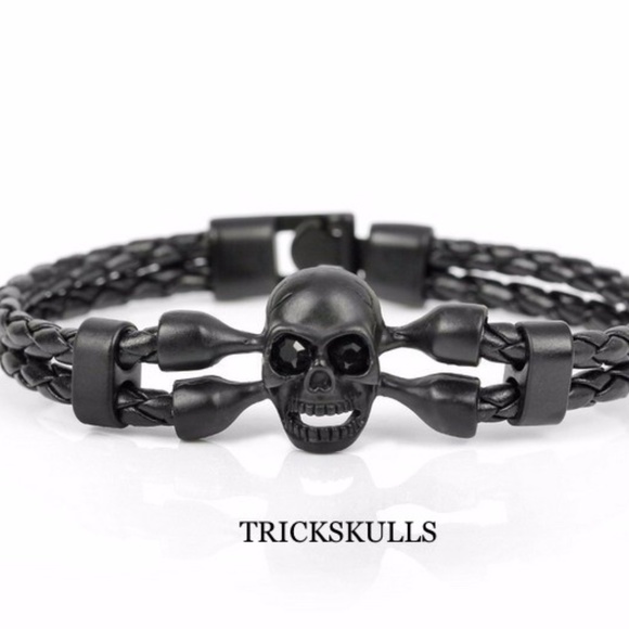 Womens Steel & Leather BLACK Braided Skull & Crossbones Cuff Bracelet 8 1/4” in - Picture 9 of 10